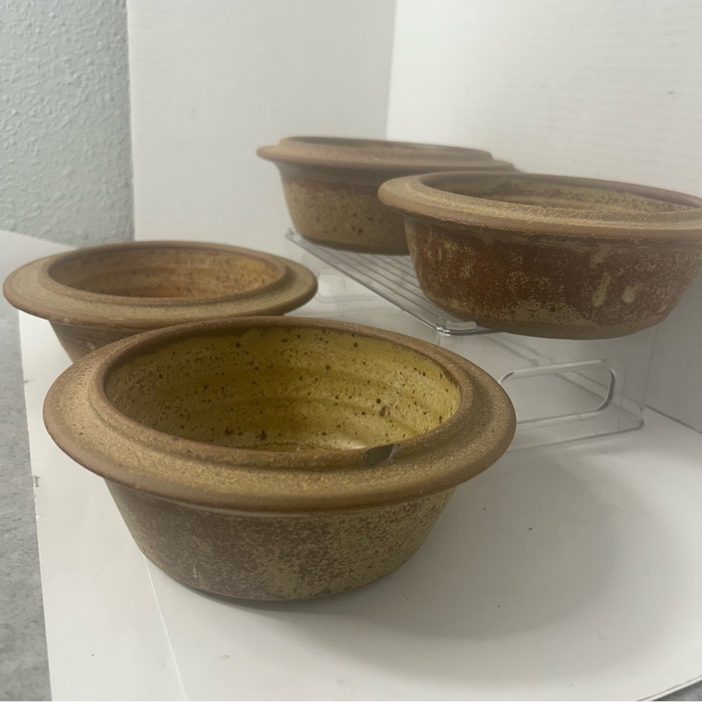 Vintage Studio Art Pottery Stoneware Set of 4 Bowls Brown Speckled Artist Signed - Picture 4 of 7